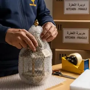عامل شركة نقل يغلف الاثاث