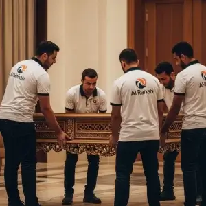 عمال مدربون من شركة الرحاب لنقل العفش يتعاملون مع الاثاث بعناية